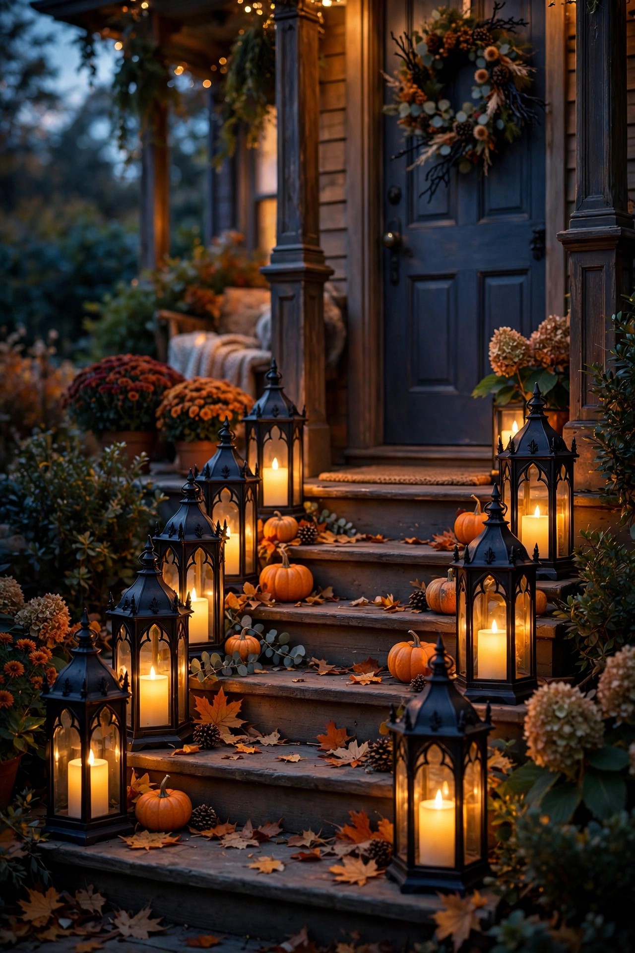 Halloween front porch lined with glowing black gothic lanterns and candles