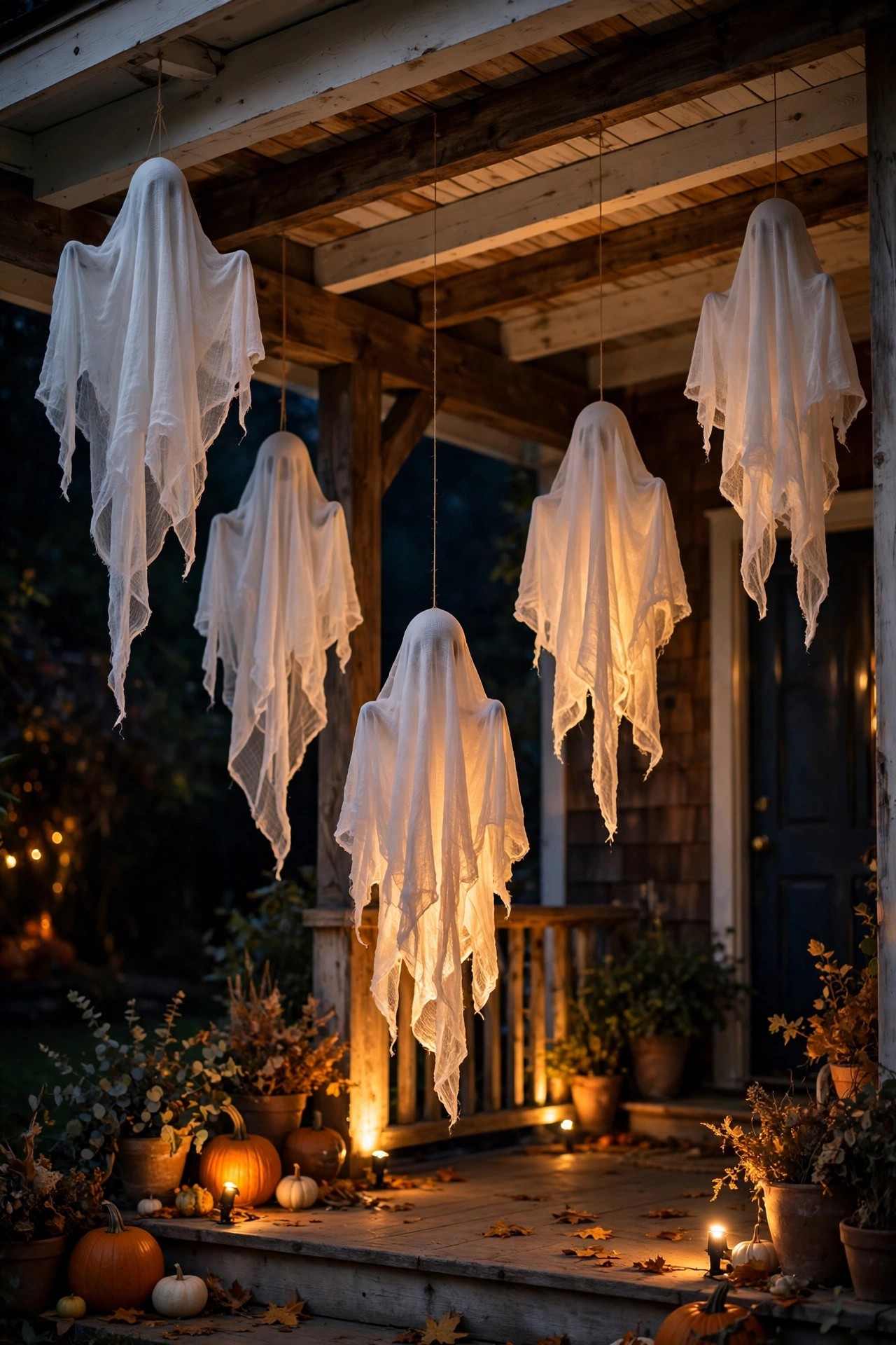 Front porch with white gauze ghosts hanging from ceiling for Halloween