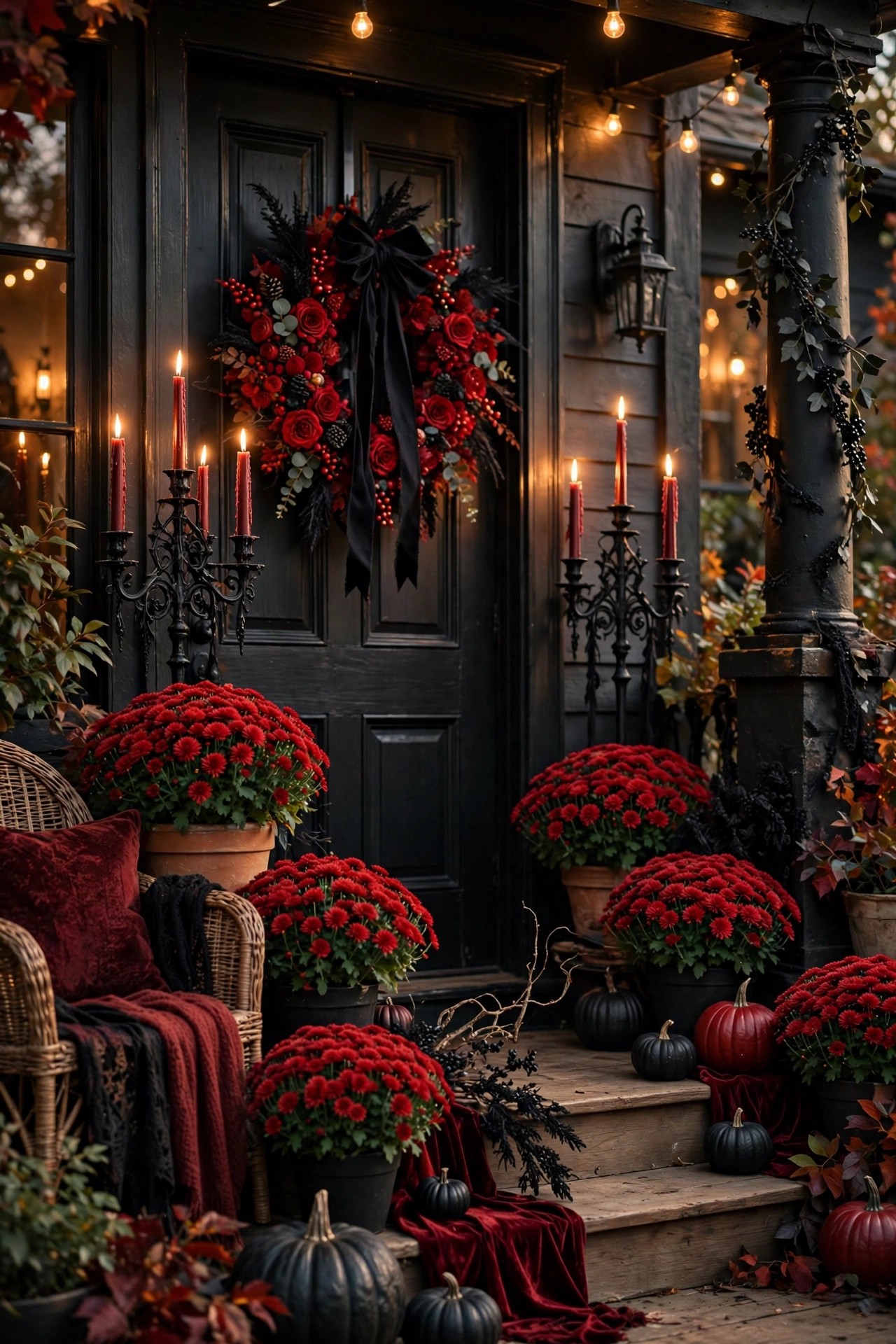 Dramatic Halloween front porch in red and black with gothic candelabras
