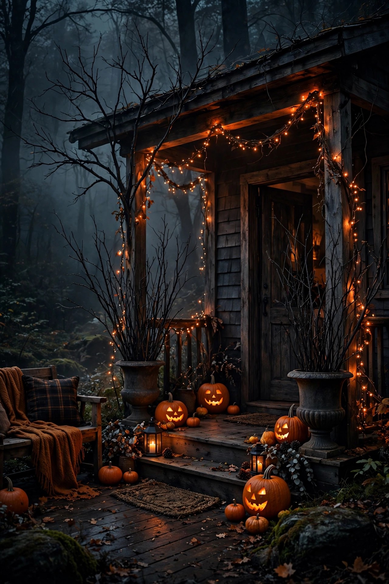 Halloween front porch with bare black branches twisted trees and dark moody decor