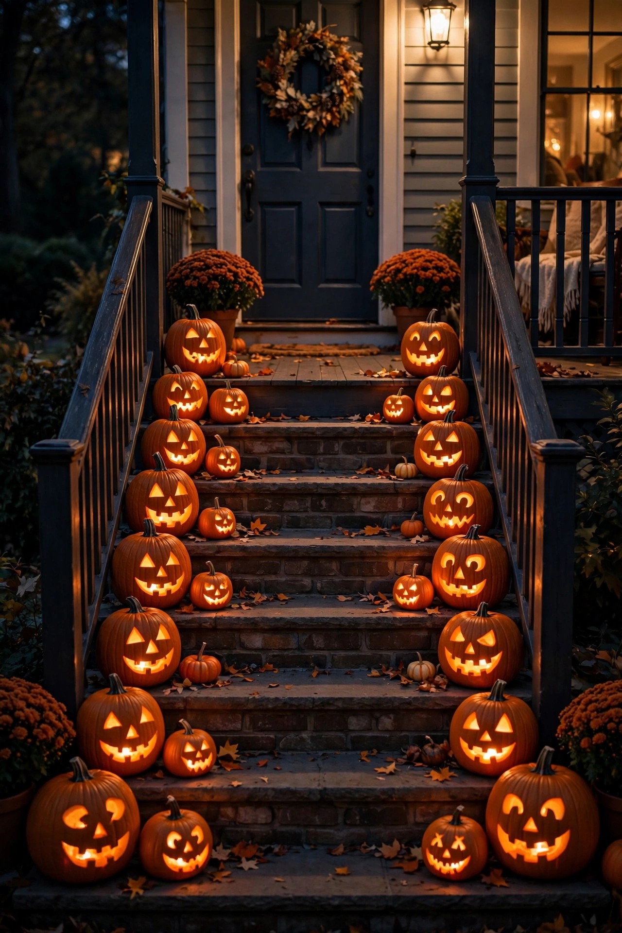 Front porch steps lined with glowing carved jack-o-lanterns for Halloween night