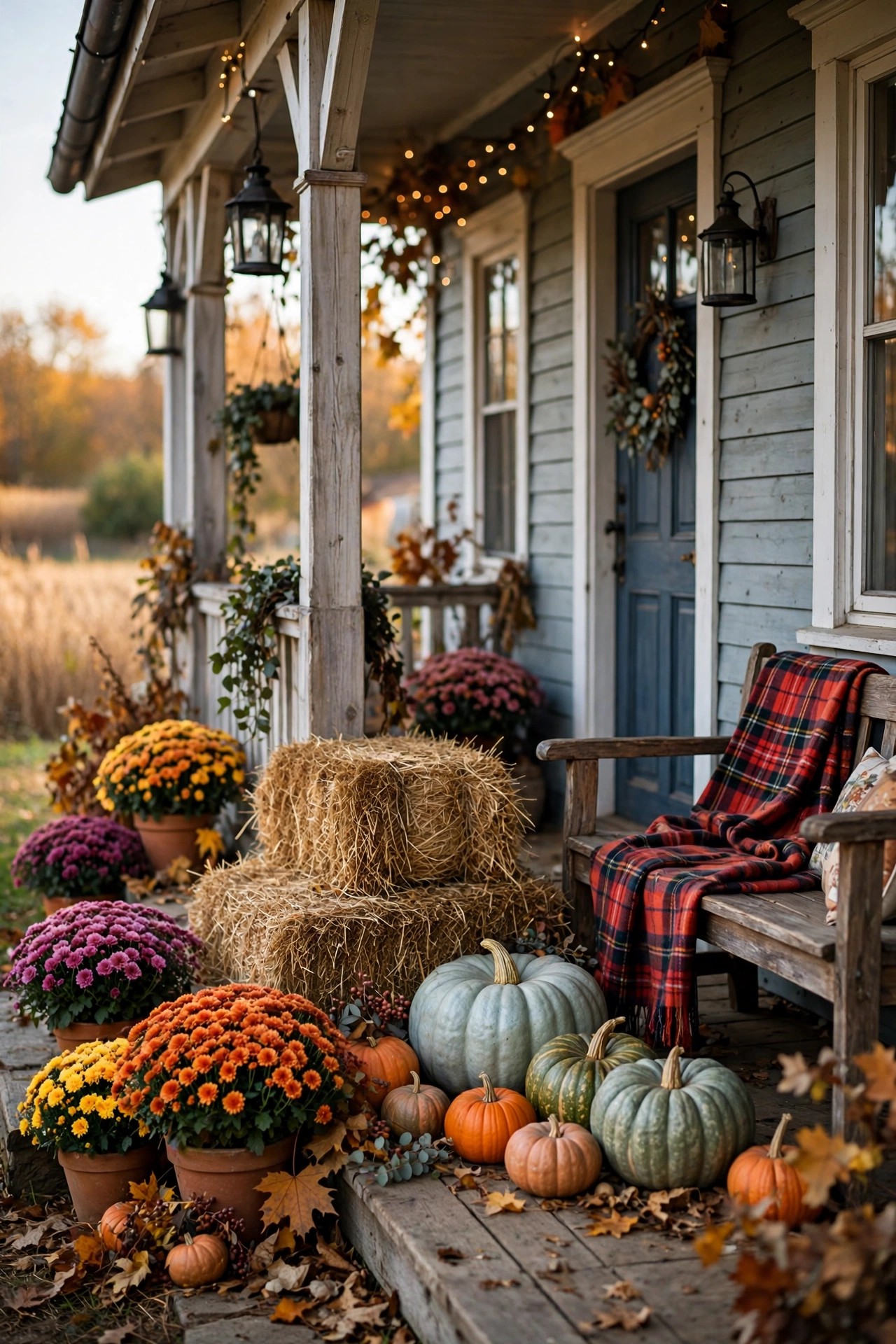 Cozy harvest Halloween front porch with hay bales mums and heirloom pumpkins
