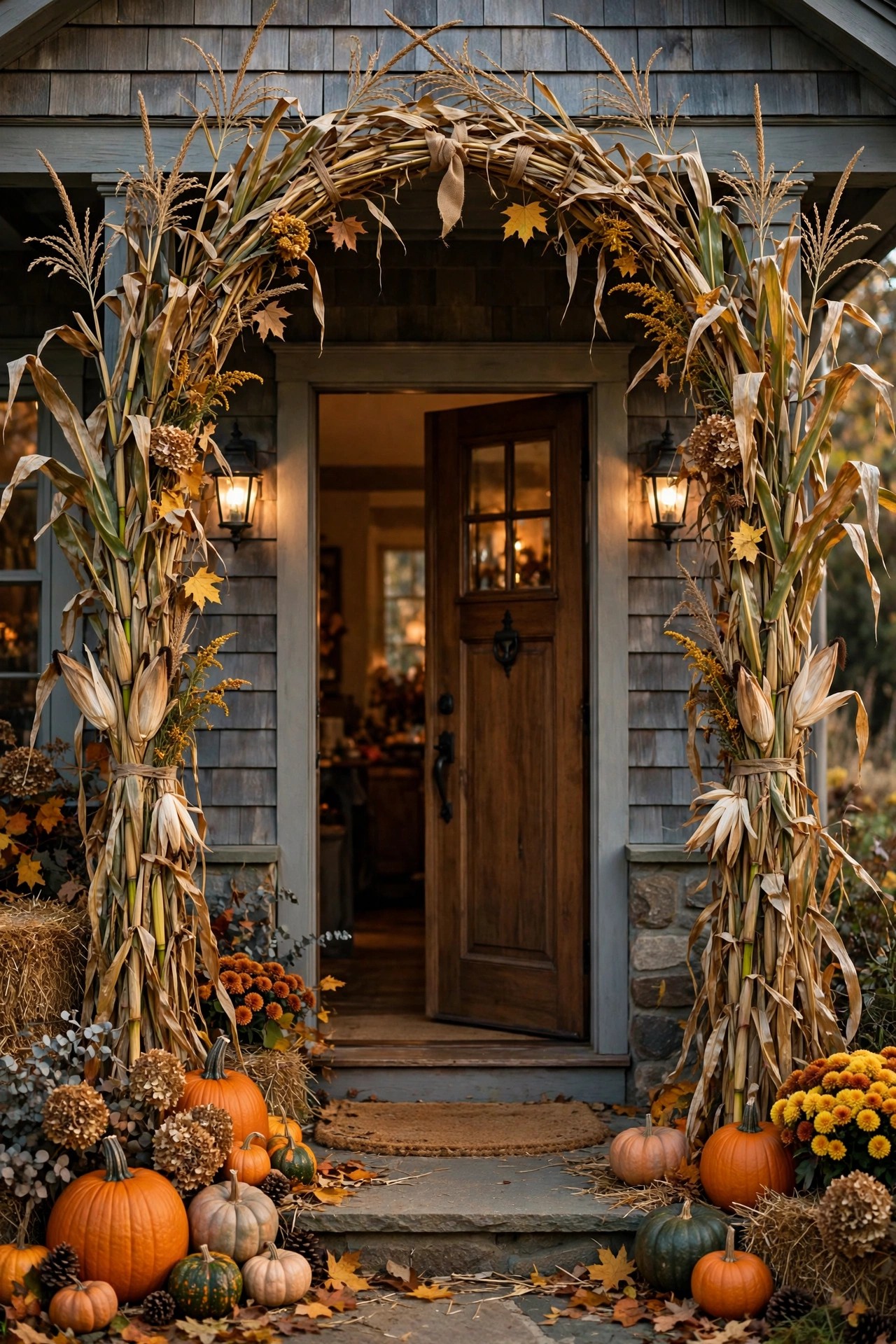Front door framed by tall cornstalks tied in an archway for Halloween harvest decor