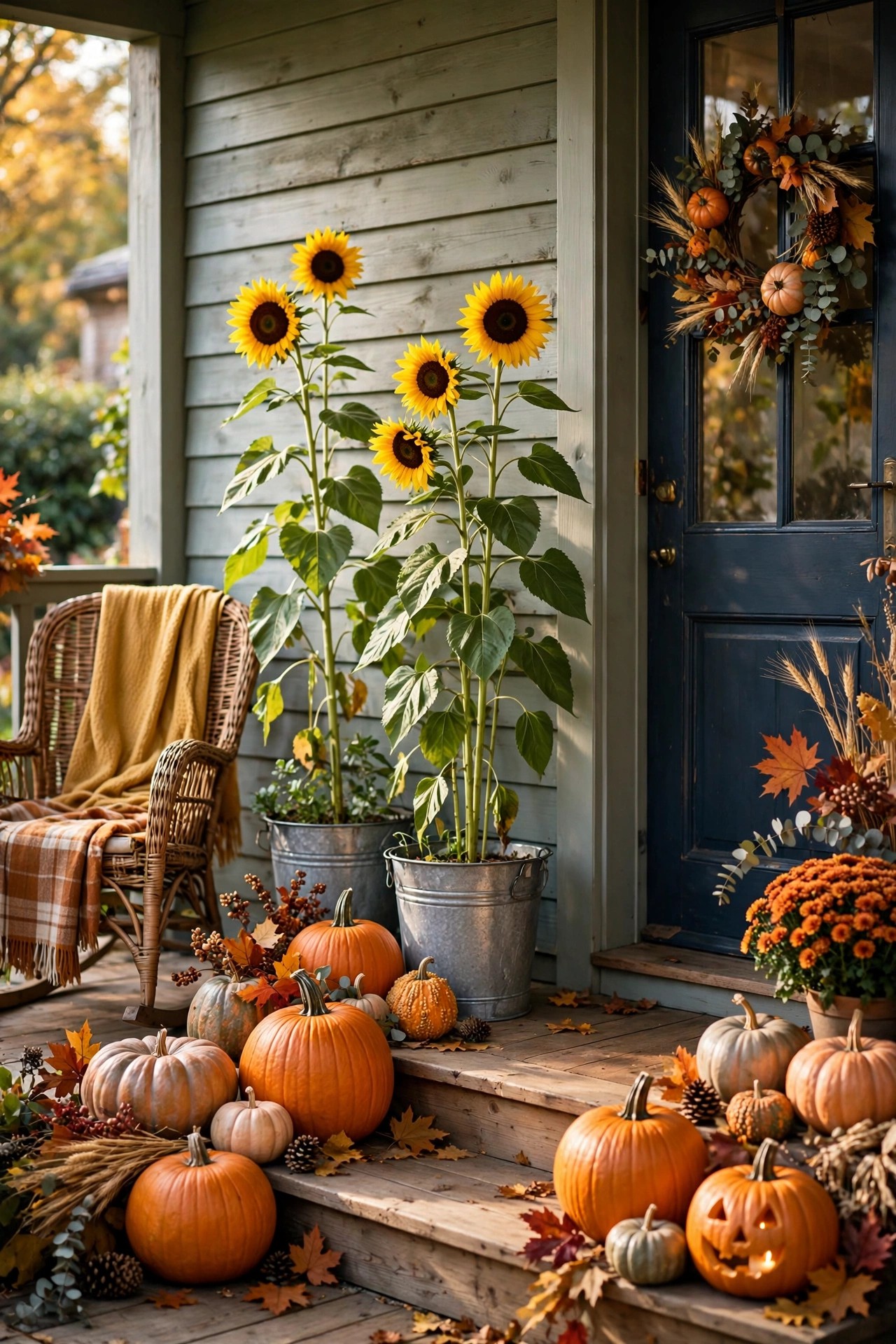 Cheerful front porch with sunflowers and pumpkins for Halloween fall decor