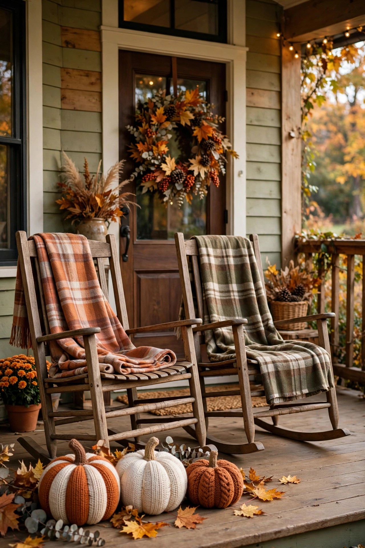Cozy front porch with plaid blankets knit pumpkins and rocking chairs for Halloween