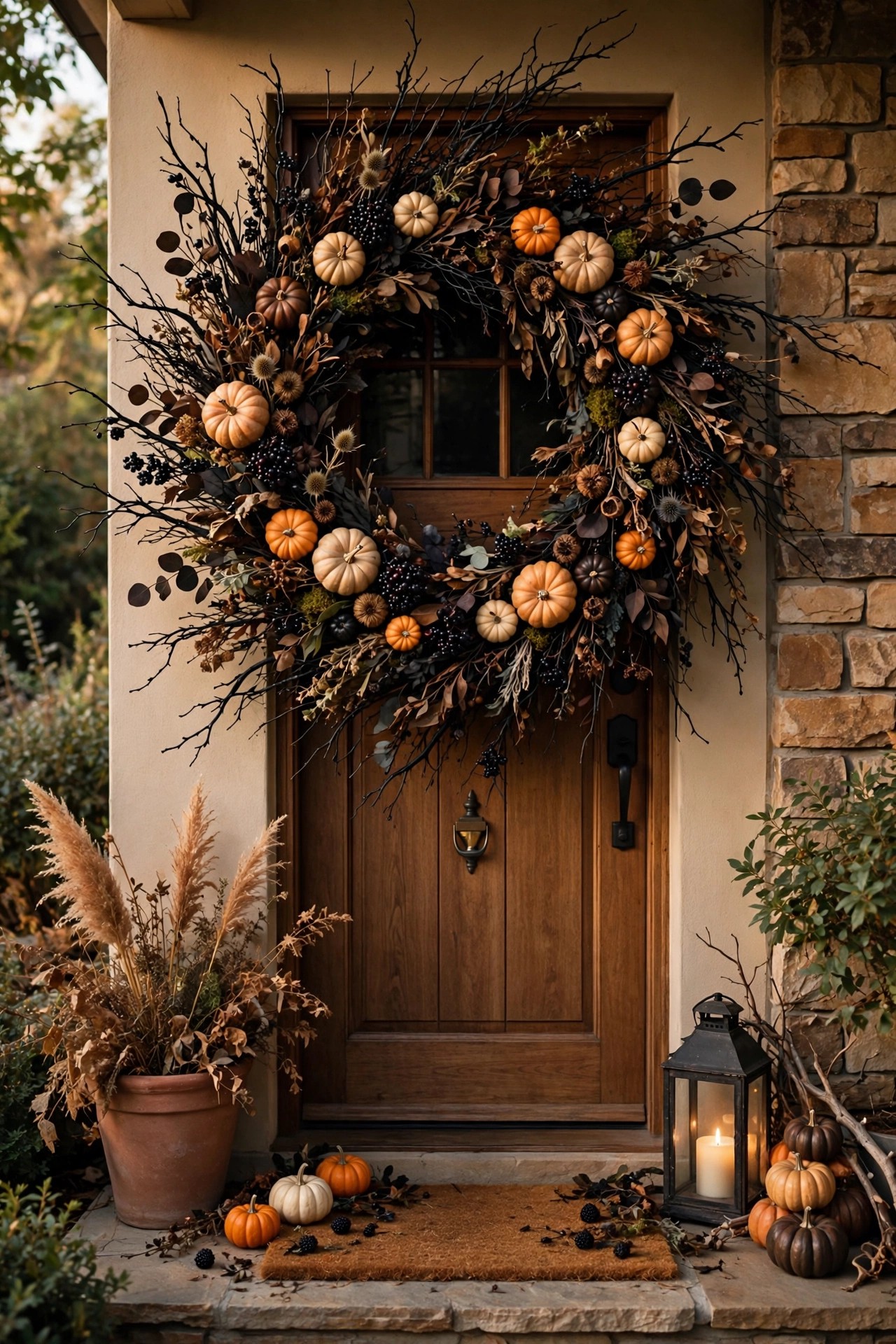 Oversized Halloween wreath with black branches and mini pumpkins on front door