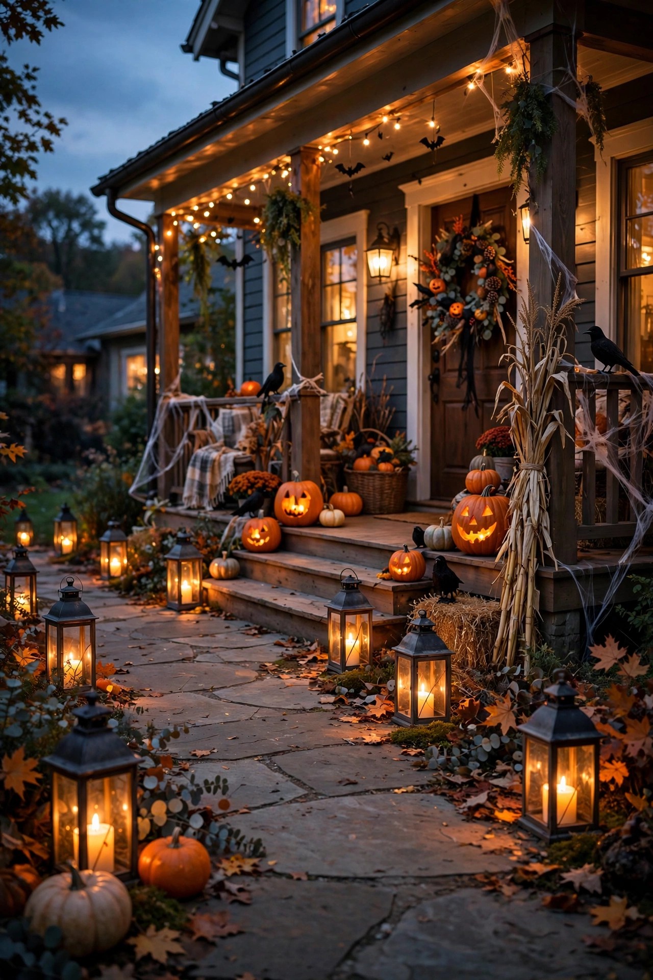 Walkway lined with glowing lanterns leading to Halloween decorated front porch