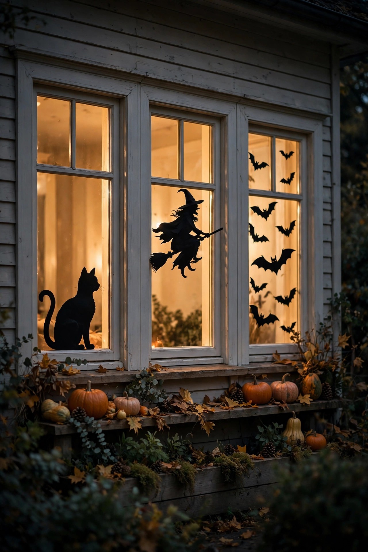 Front windows with glowing Halloween silhouettes of cats and witches visible at night