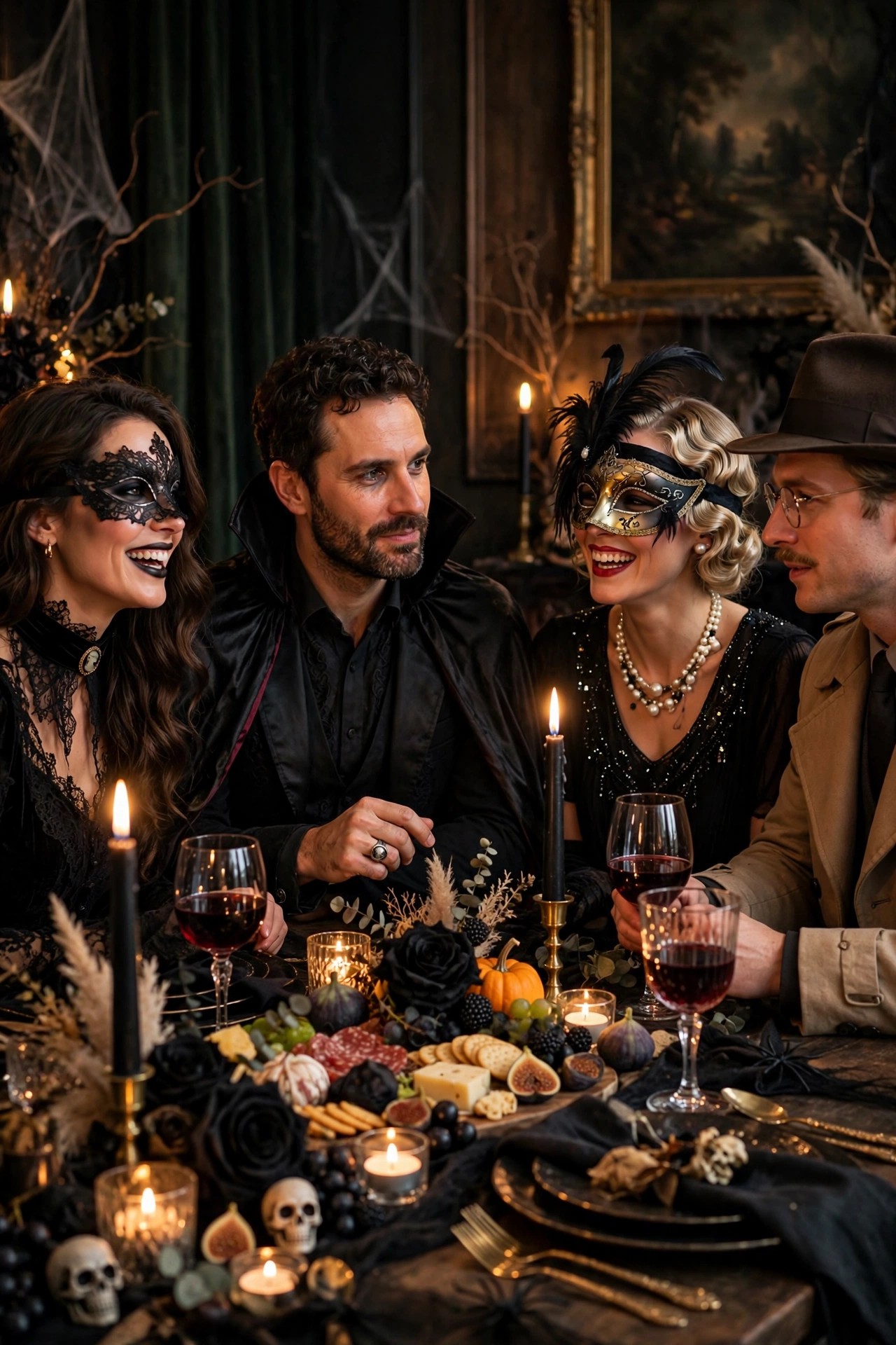 Adults at a candlelit Halloween murder mystery dinner party in costume