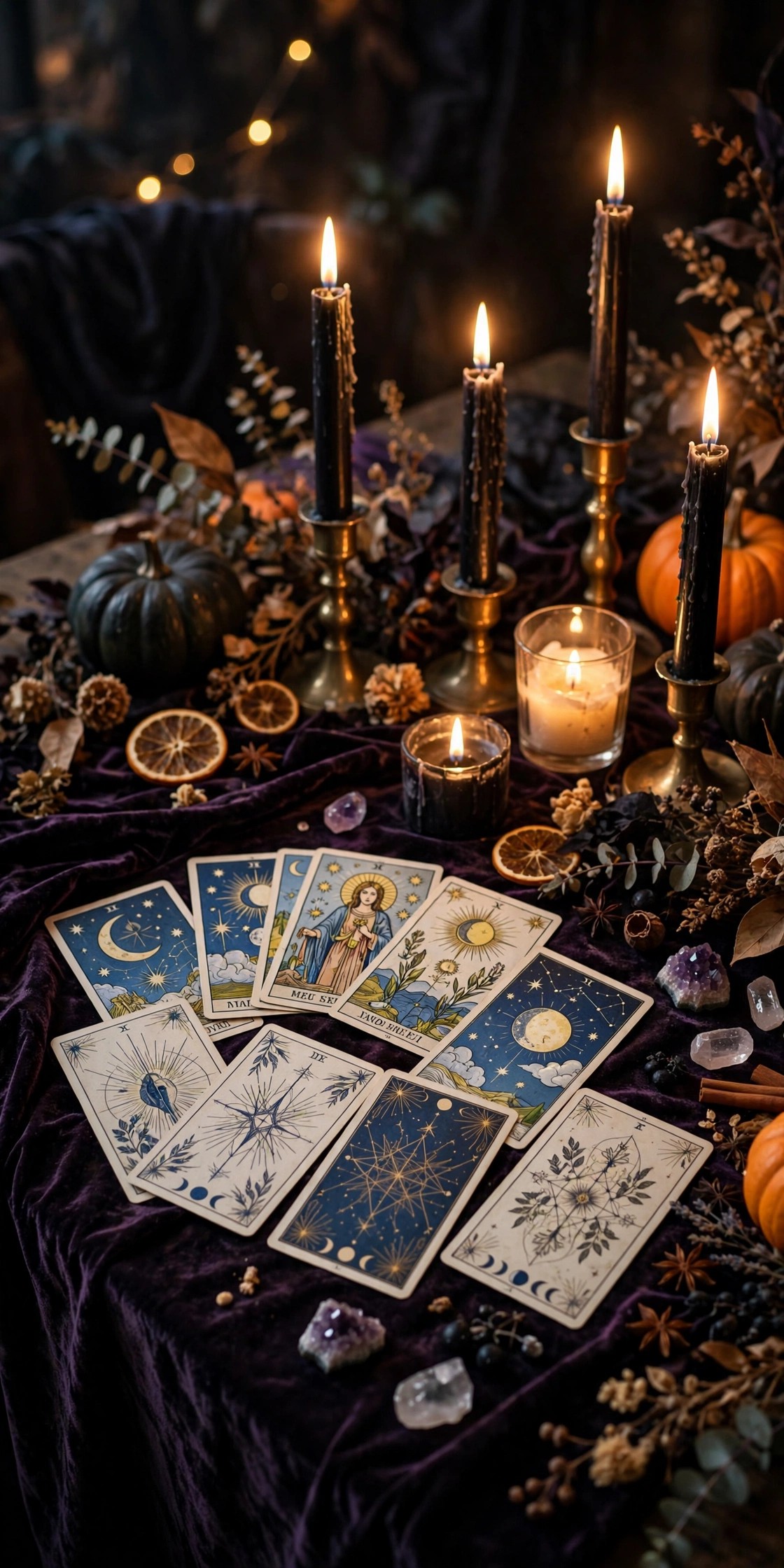 Tarot cards and candles on a velvet table at an adult Halloween party