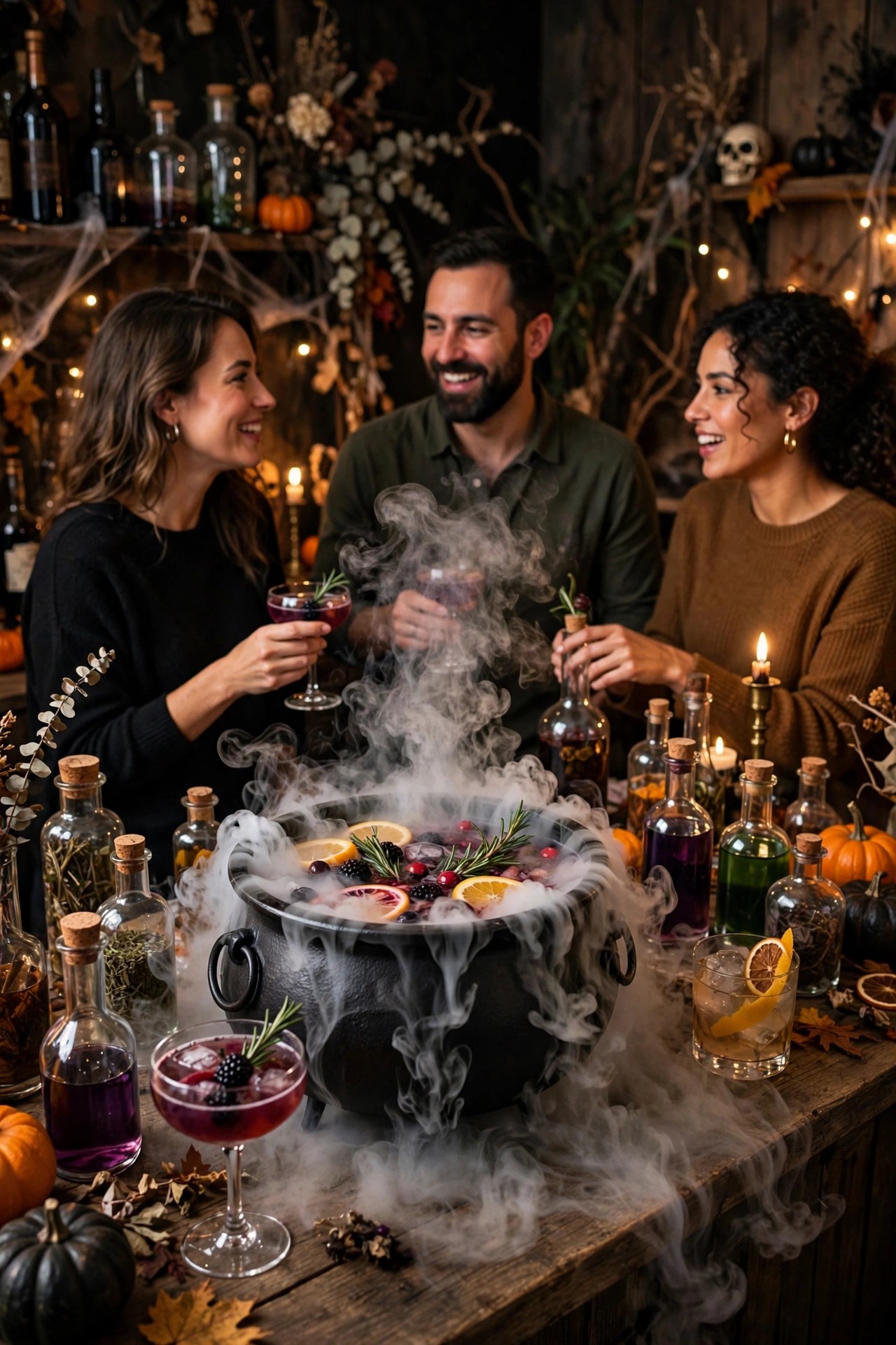 Halloween cocktail bar with smoking drinks dry ice and potion bottles for adult party