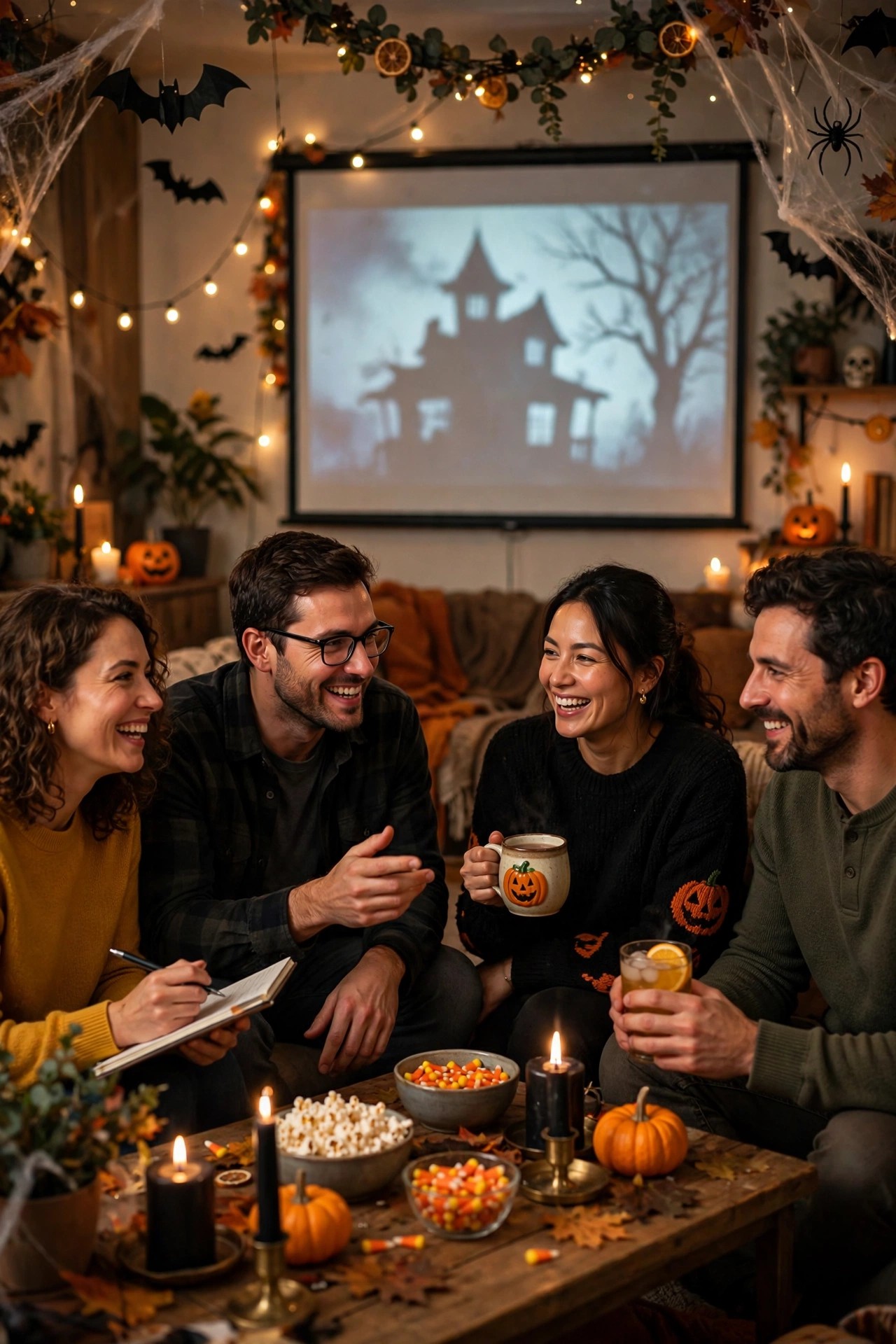 Adults playing horror movie trivia at a Halloween party with projector screen