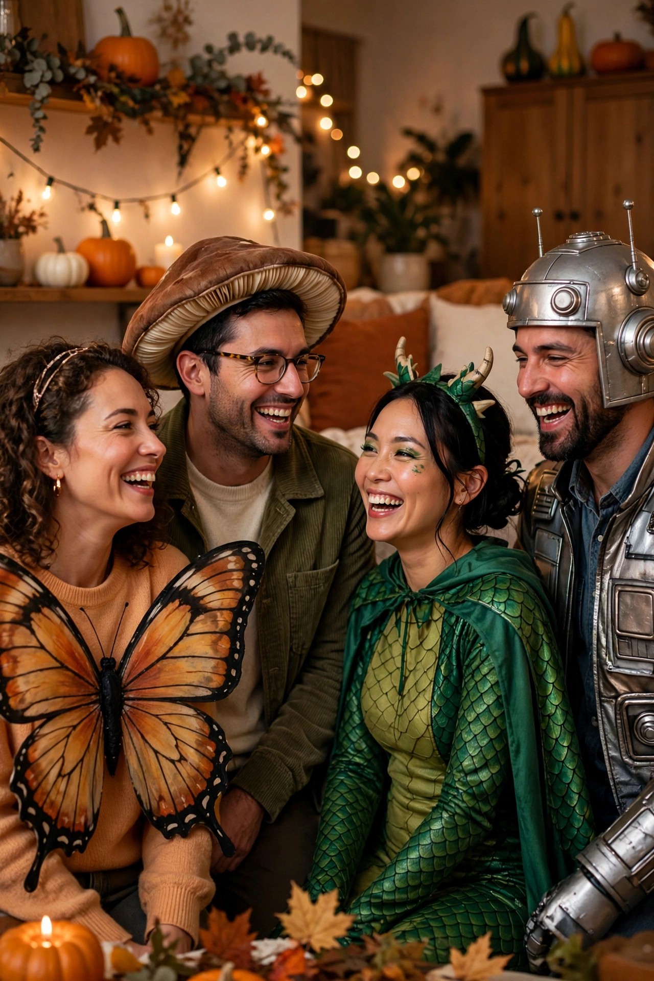 Adults in creative costumes at a Halloween party costume contest