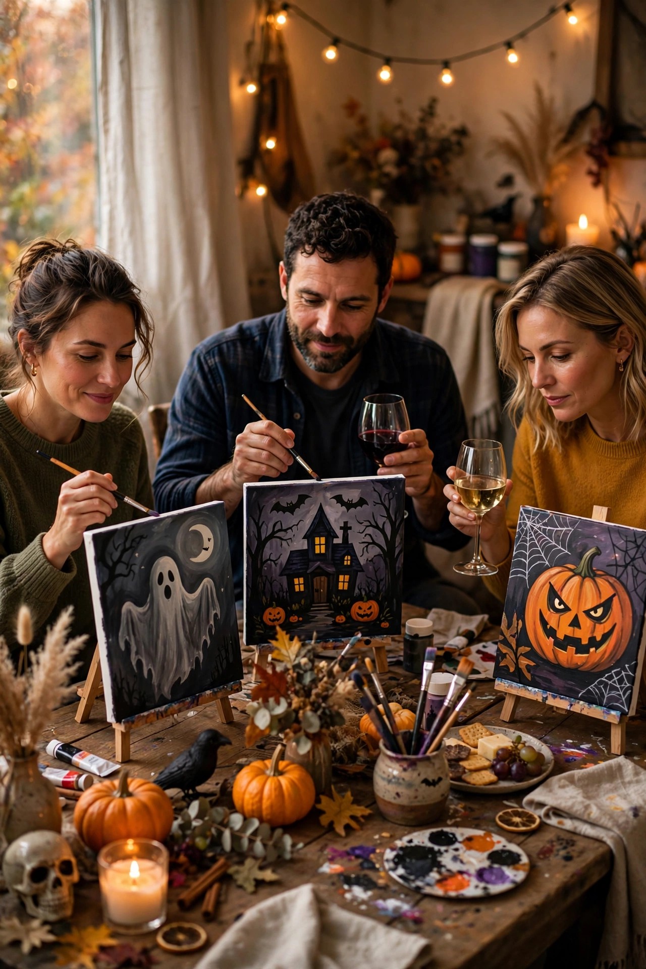 Adults painting spooky canvases with wine at a Halloween sip and paint party