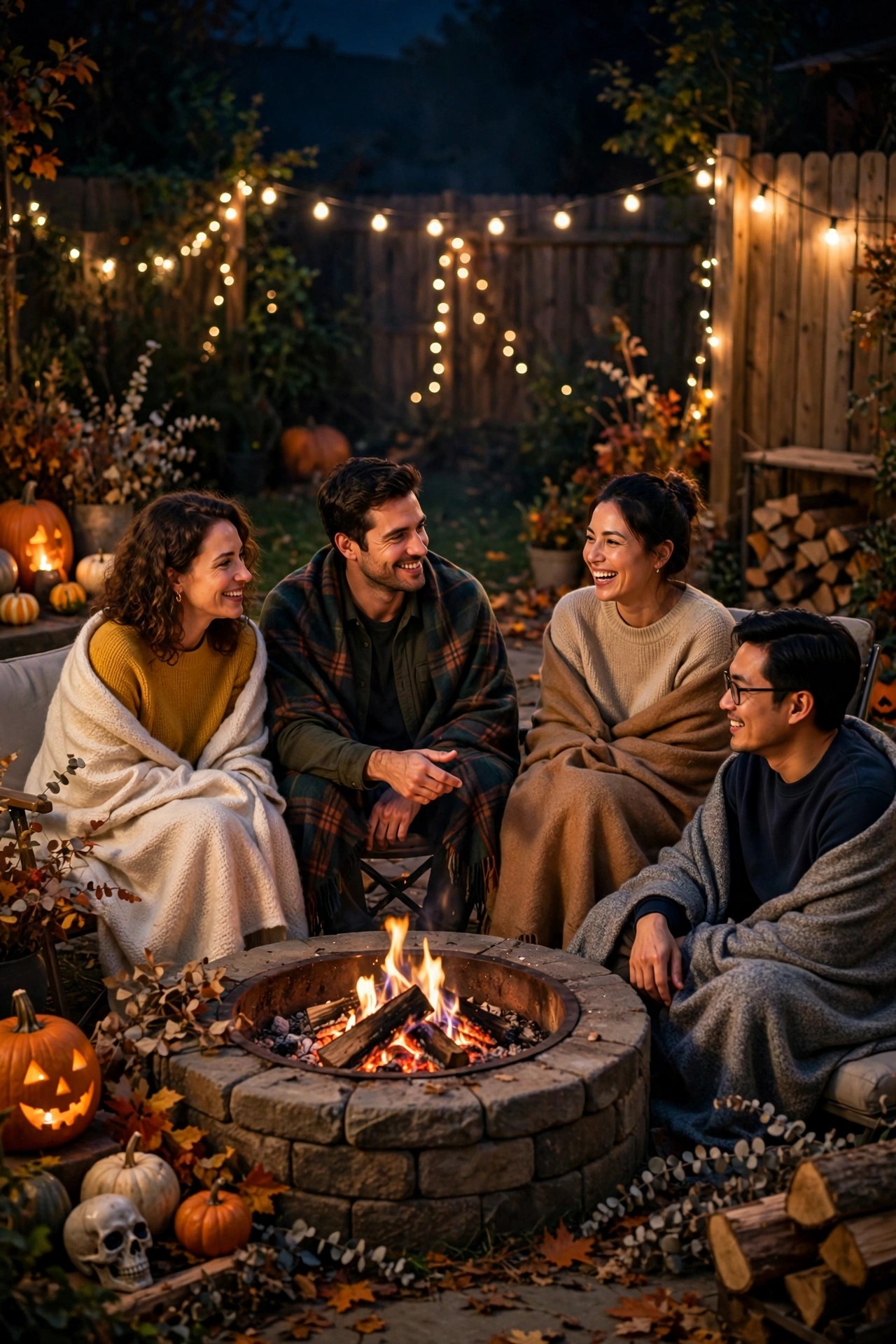 Adults sharing ghost stories around a backyard fire pit on Halloween night