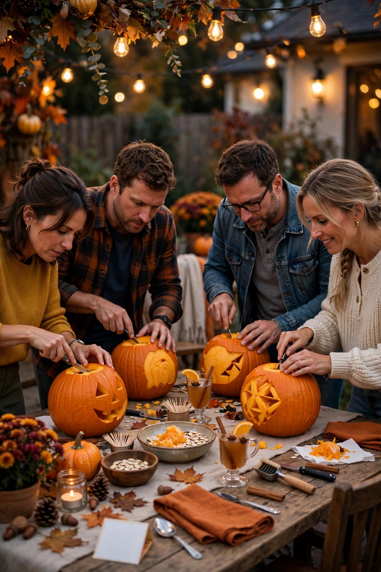 Adults carving pumpkins competitively at a Halloween party table