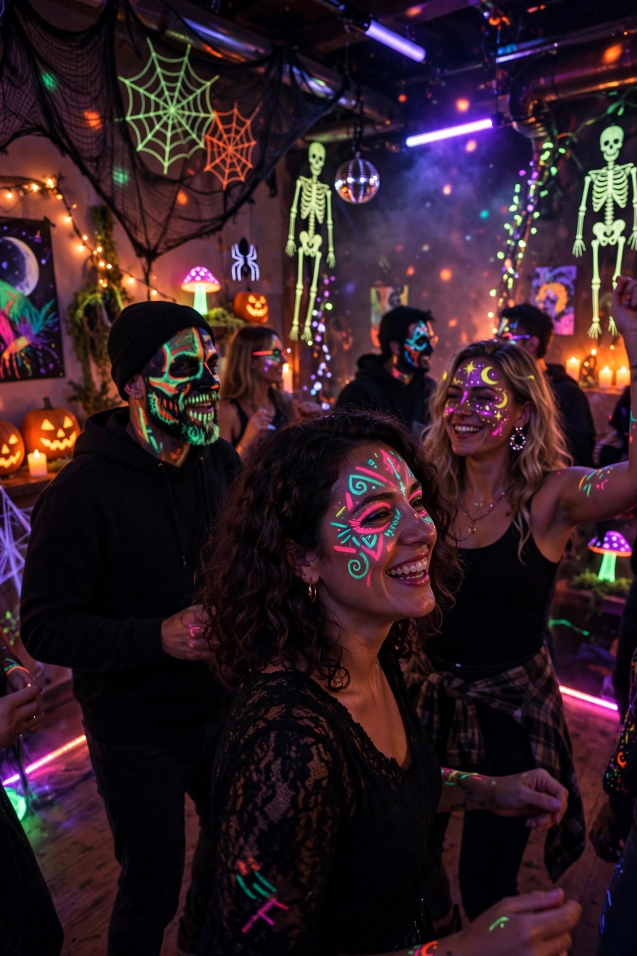 Adult Halloween party dance floor with blacklights and glowing costumes