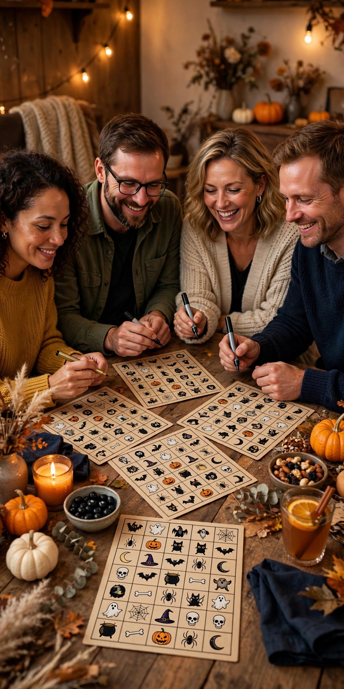 Adults playing Halloween bingo with spooky cards and prizes at a party