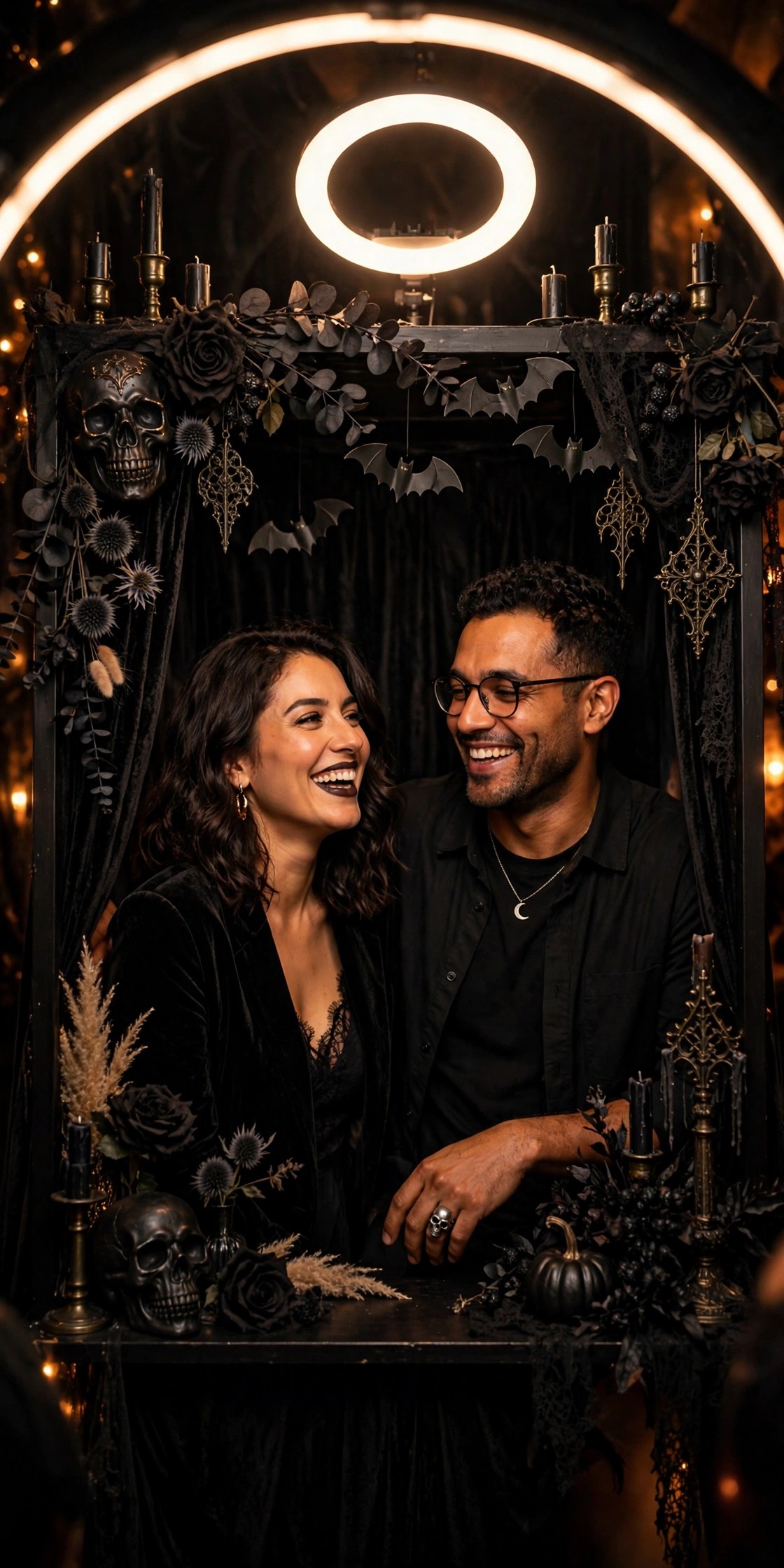 Halloween photo booth with gothic props and dark backdrop at adult party