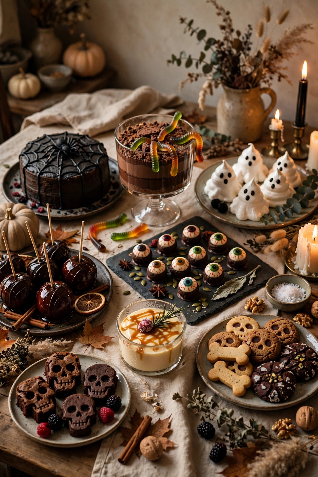 Table of creepy Halloween desserts at an adult party bake-off contest