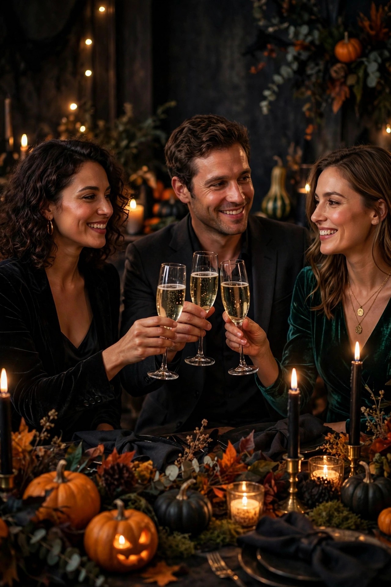 Adults raising glasses for a candlelit midnight toast at a Halloween party