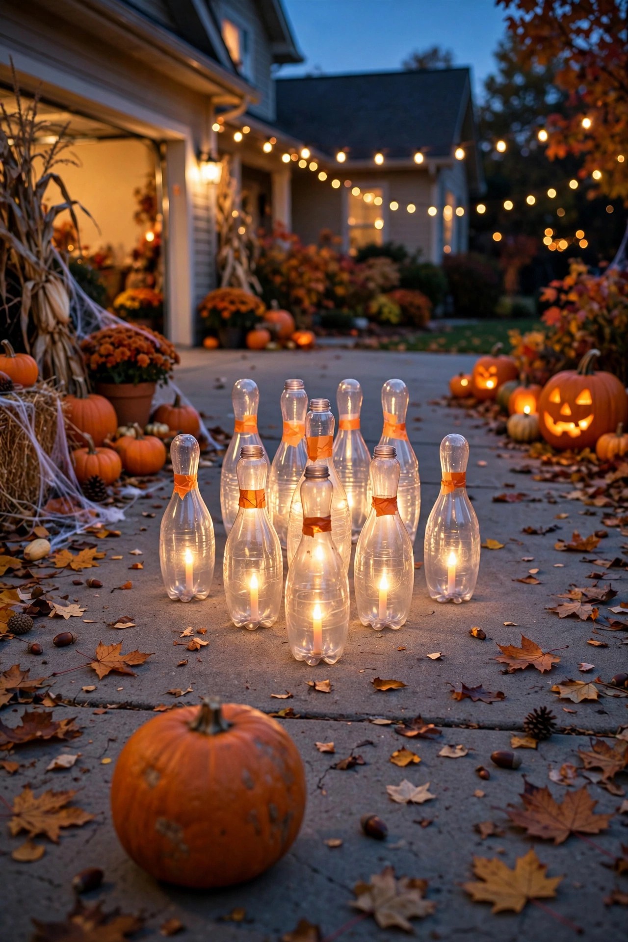 Pumpkin bowling game with plastic bottle pins in a driveway at Halloween