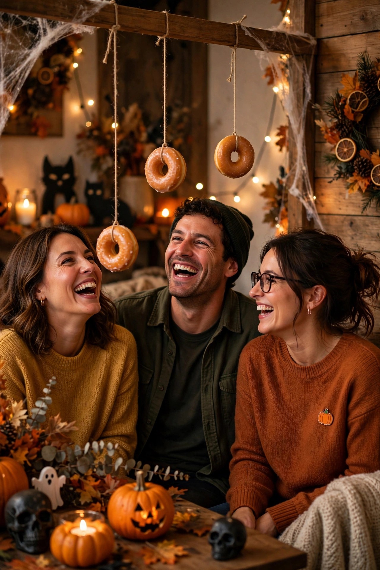 Adults playing donut on a string game at a Halloween party