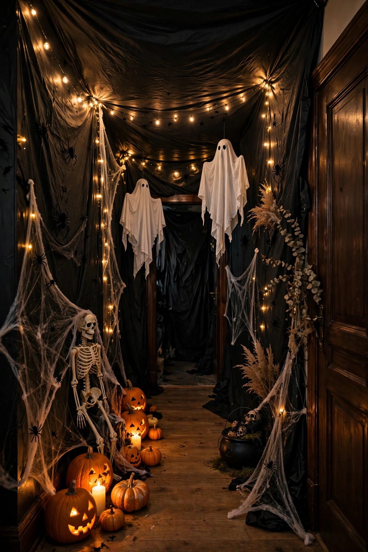 Dark hallway decorated as a mini haunted house for a Halloween party