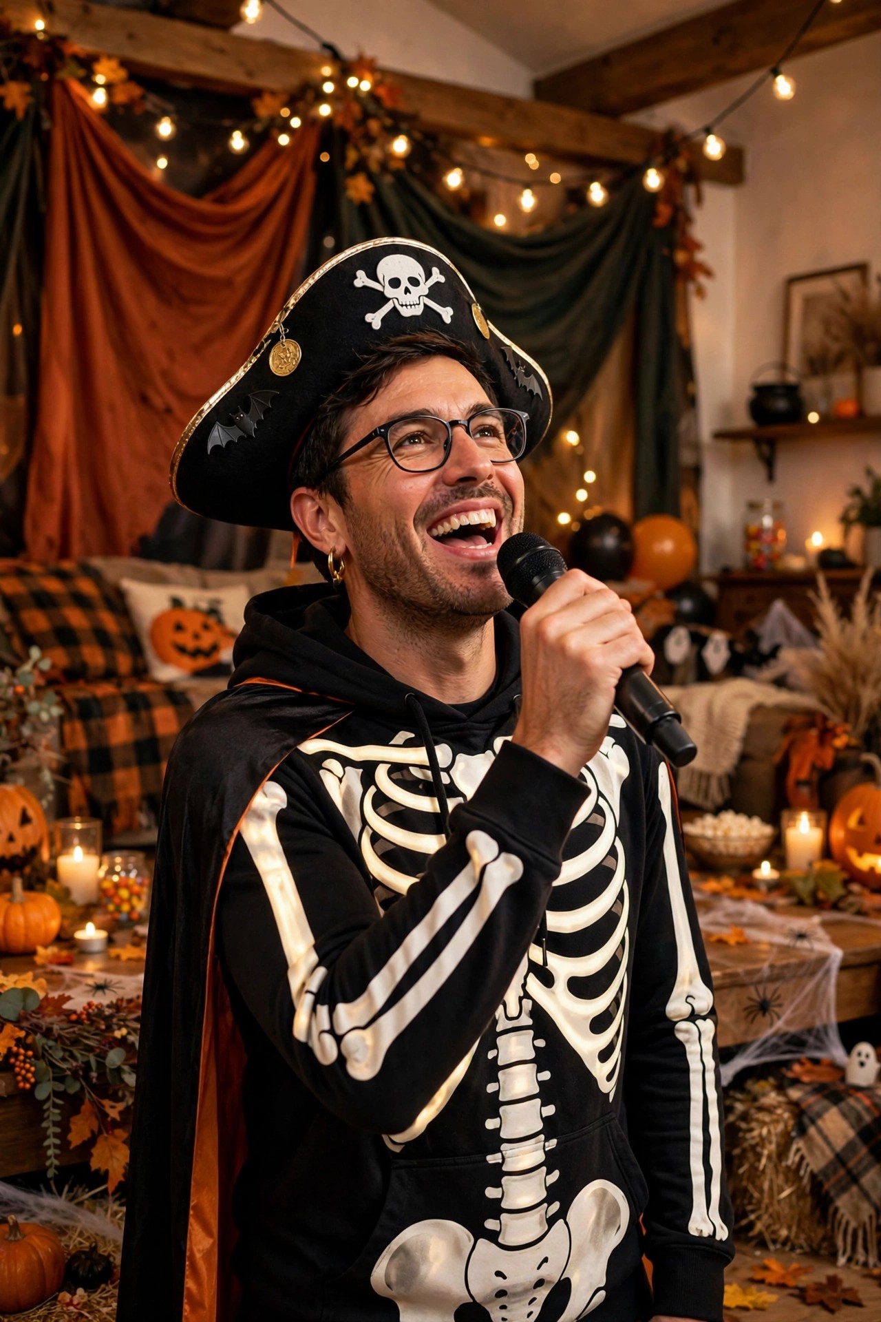 Adult performing a lip-sync battle in costume at a Halloween party