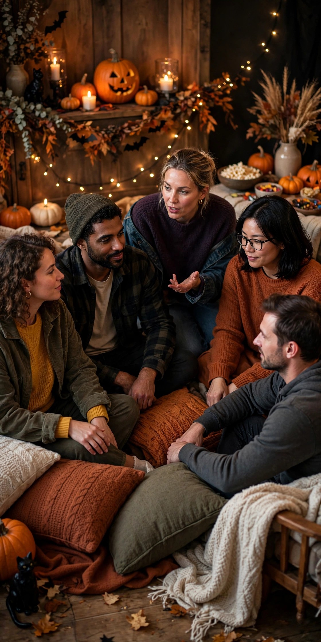 Adults playing two truths and a lie spooky edition at a Halloween party