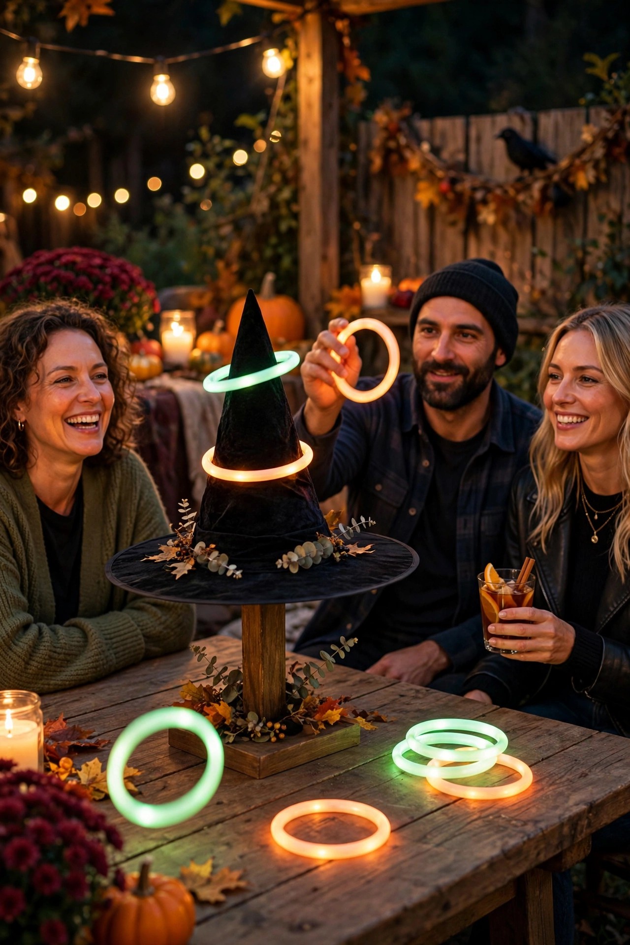 Witch hat ring toss game with glowing rings at an adult Halloween party