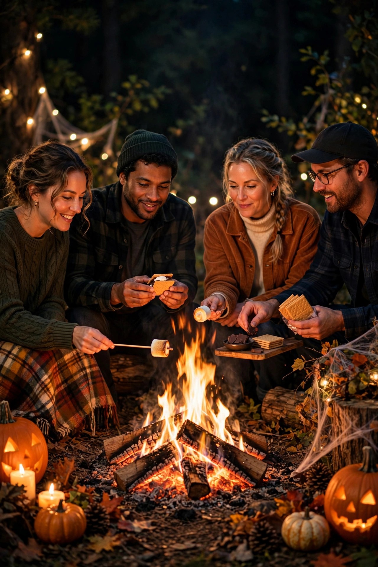 Adults making smores around a bonfire at a Halloween night party