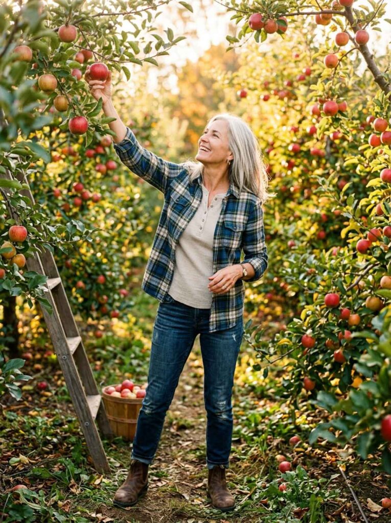 Woman over 50 apple picking in a blue plaid flannel shirt, jeans and brown boots