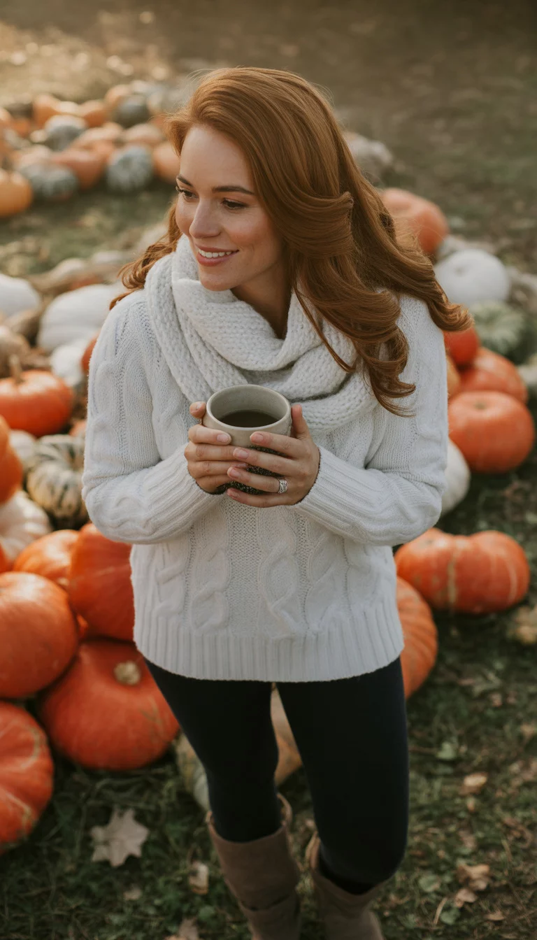 Woman in a cream cable knit sweater and knit scarf holding a hot drink among pumpkins