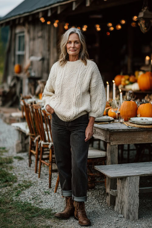 Woman over 50 wearing cream knit sweater, dark jeans and ankle boots at a pumpkin patch