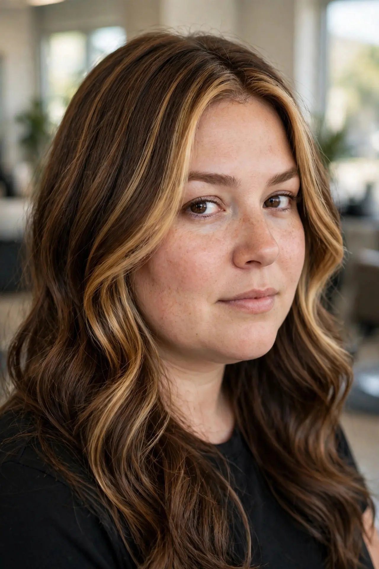 Woman with a round face wearing long brown hair with bright honey brown balayage framing her face at the temples and cheekbones