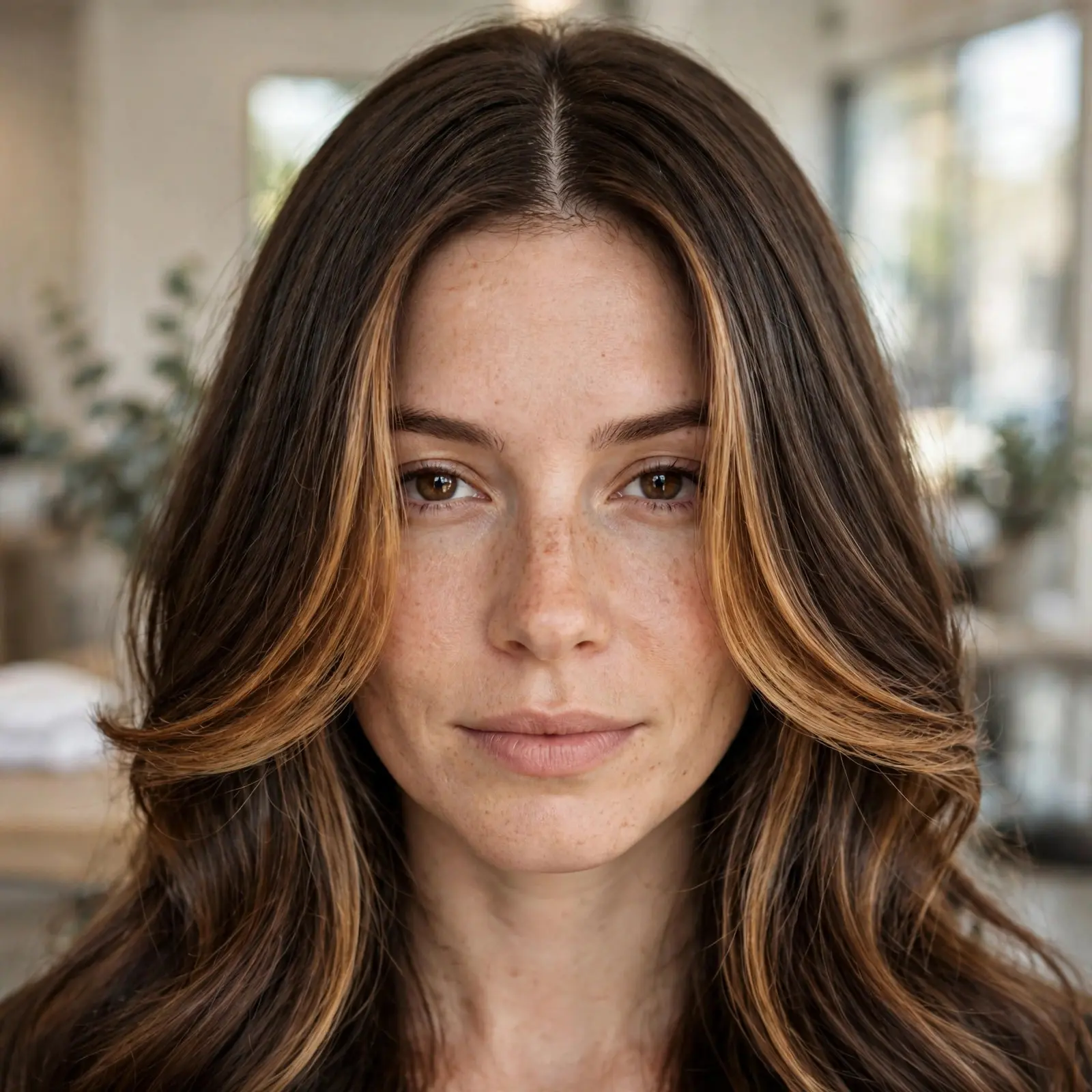 Front view of a woman with a center part and curtain face-framing pieces highlighted with honey brown balayage