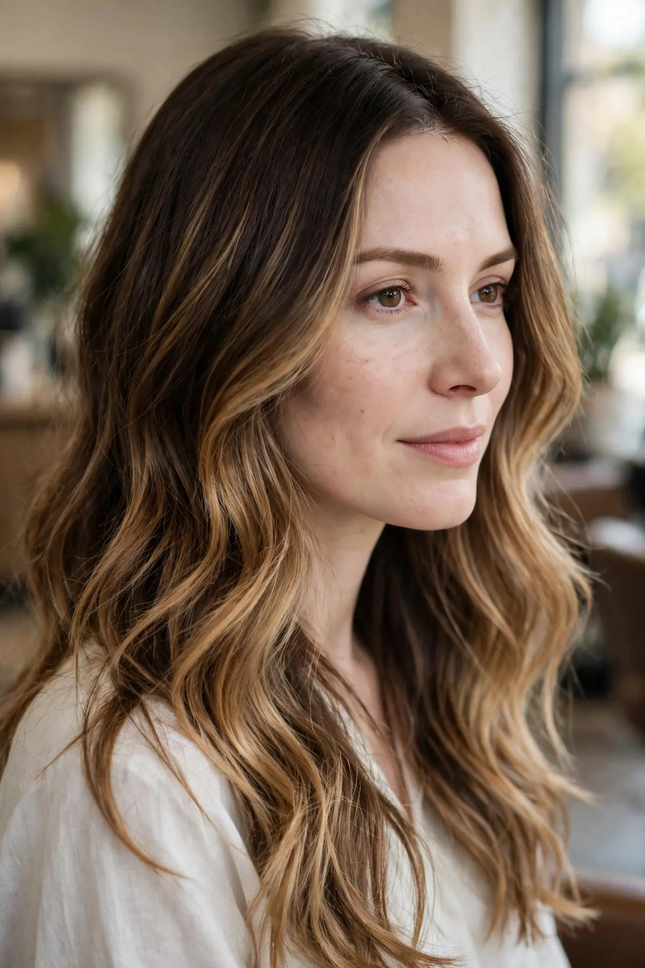 Woman with very fair skin wearing long brown hair with soft diluted golden honey brown balayage