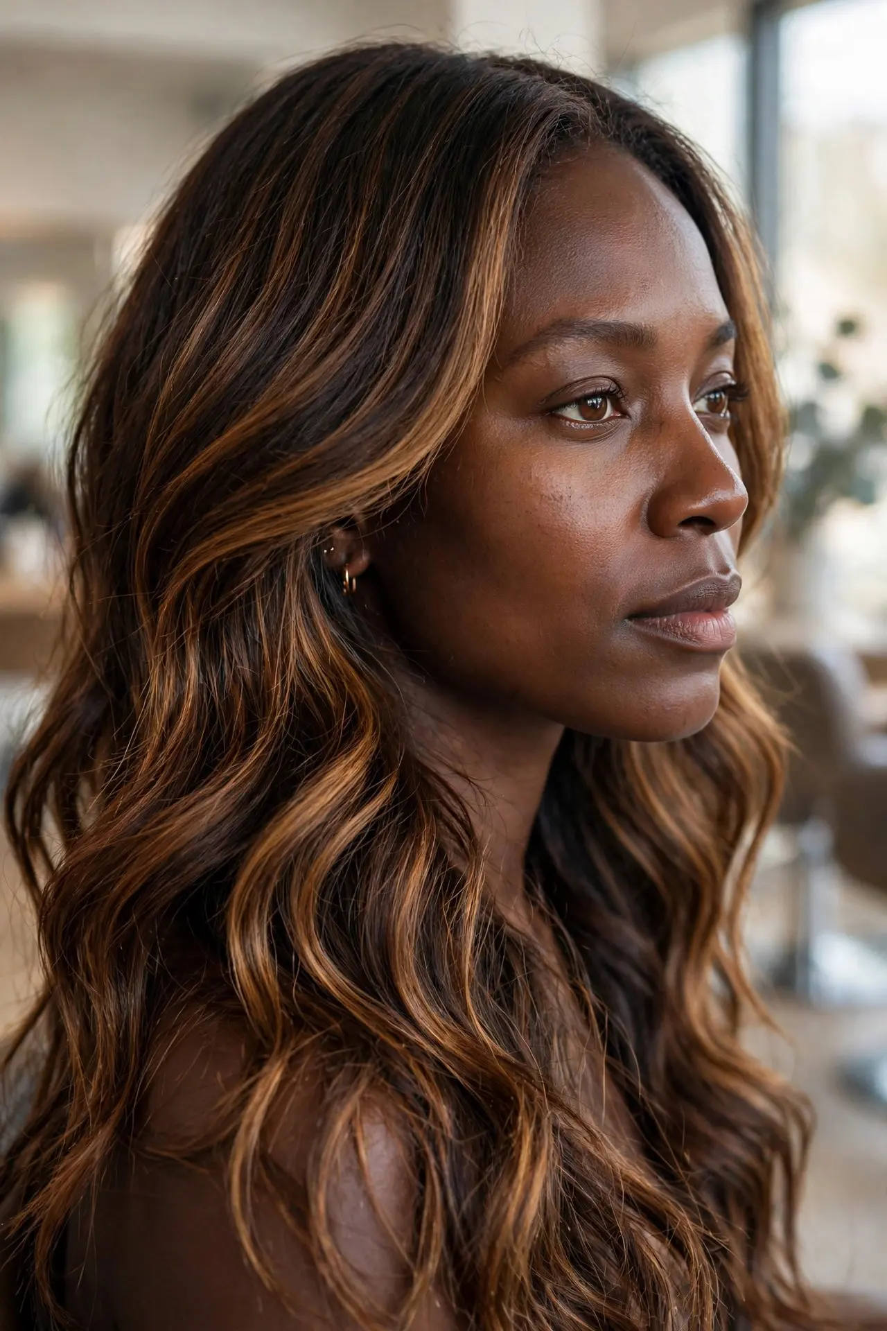Woman with a rich deep skin tone wearing long dark brown hair with saturated honey brown and caramel balayage