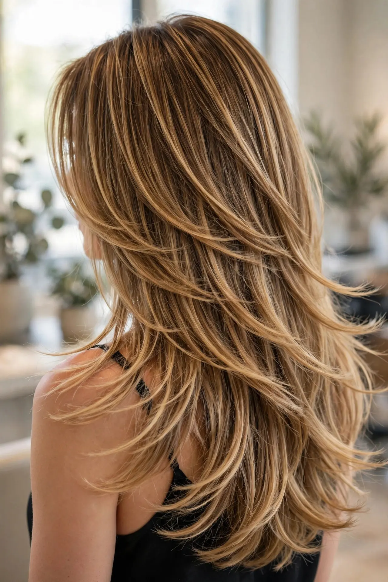 Back view of a long layered haircut with honey brown balayage following each layer and lightening toward the ends