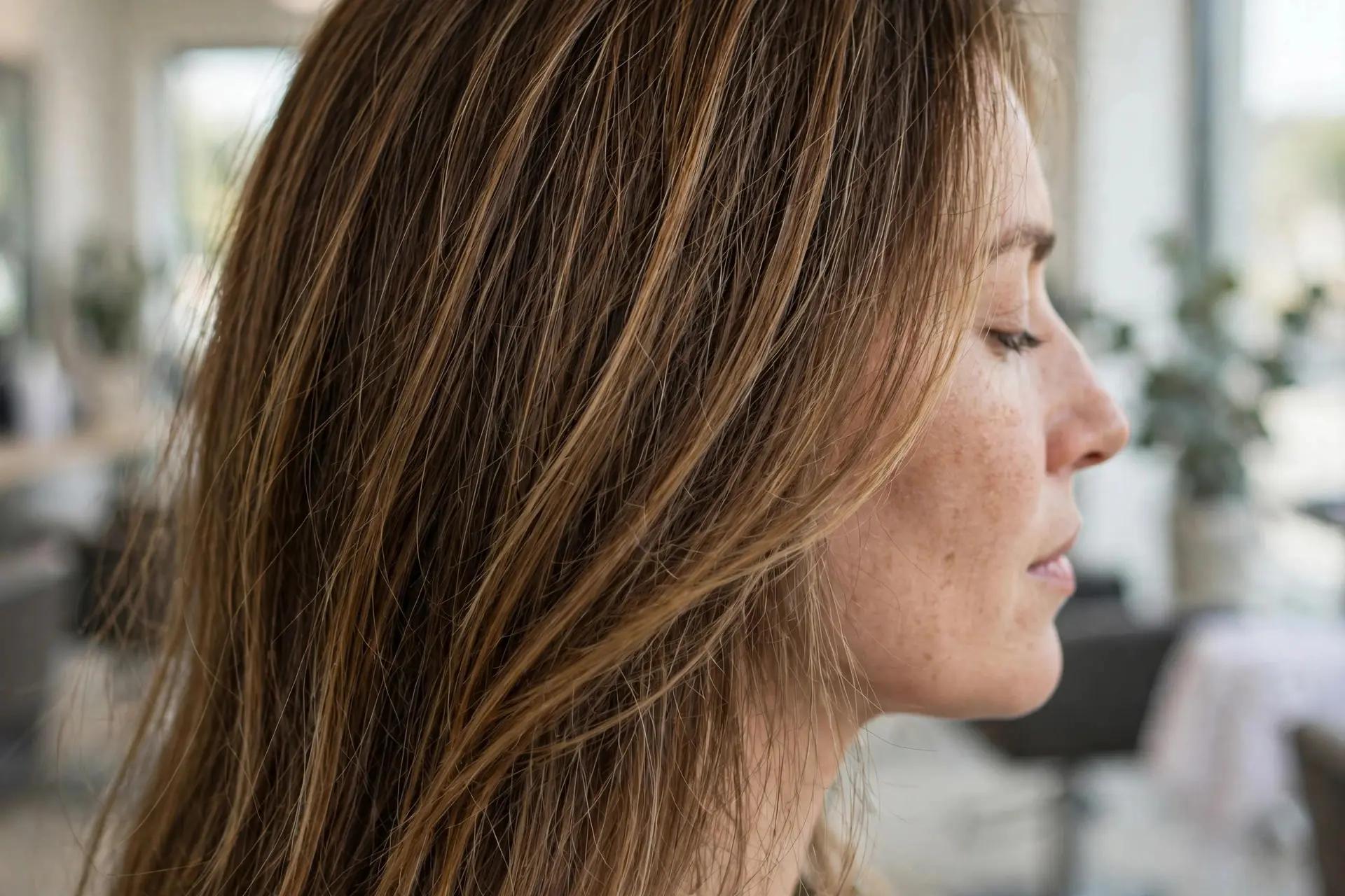 Side profile of a woman with fine hair texture wearing long brown hair with delicate fine honey brown balayage sections