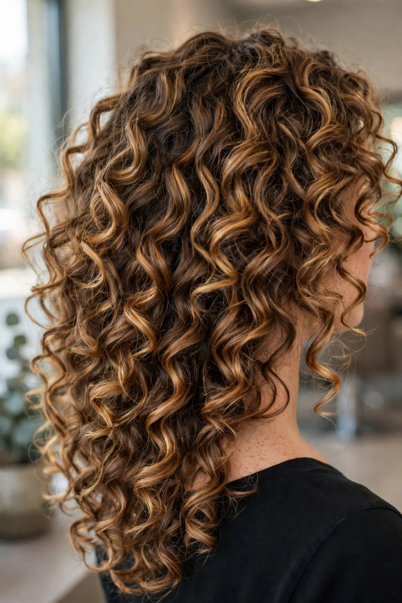 Back view of thick voluminous curly hair with bold honey brown balayage painted through the curls