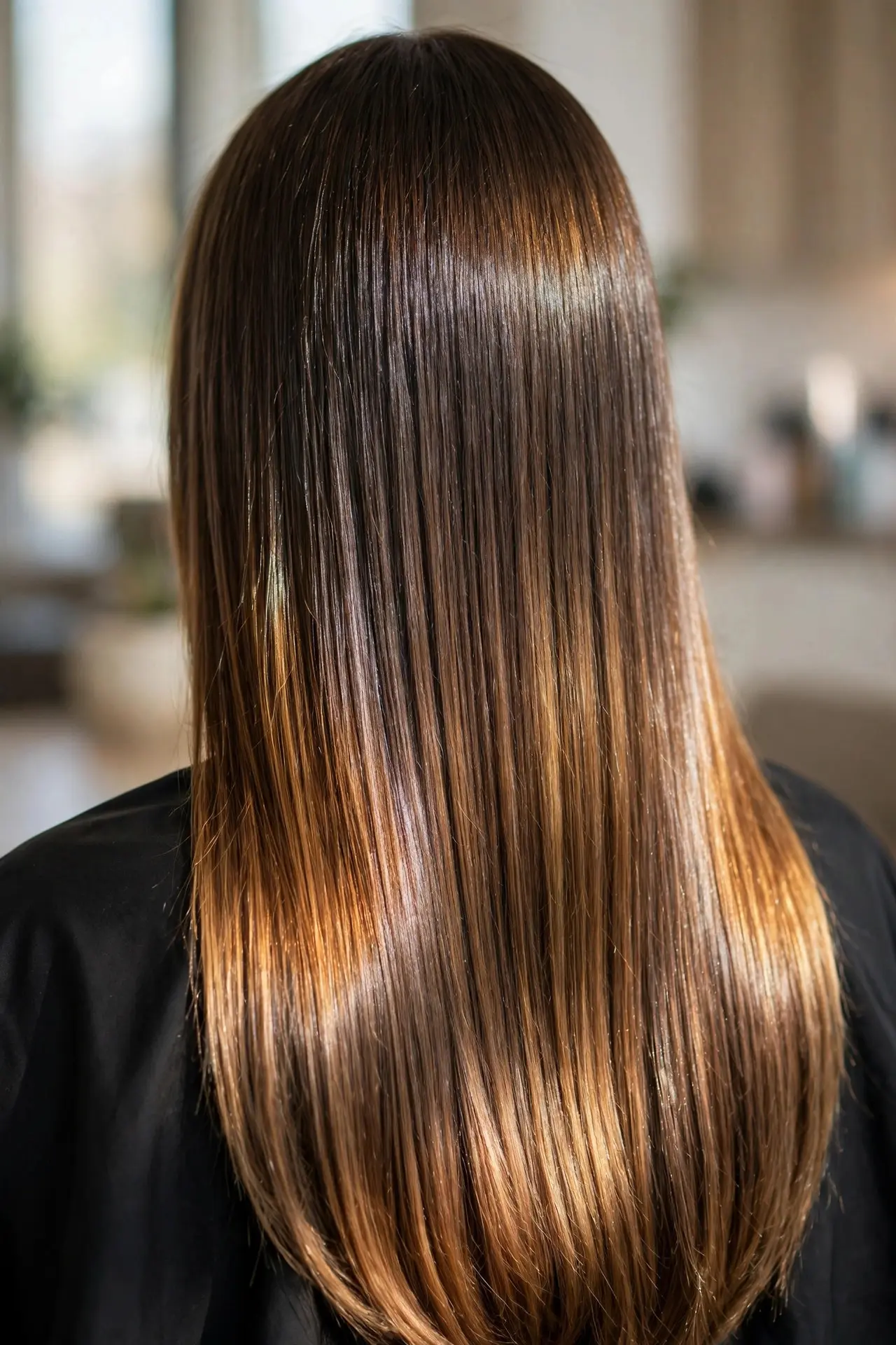 Back view of long sleek hair with honey brown balayage and an ultra glossy mirror-like shine