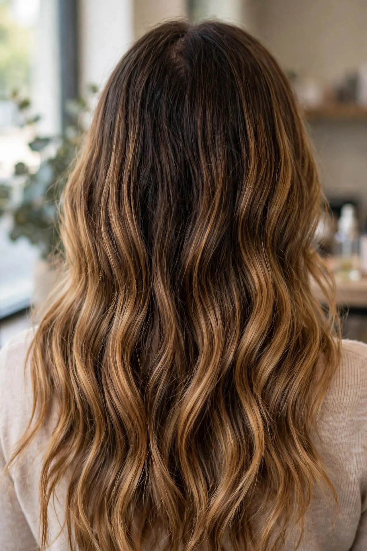 Back view of long wavy hair with dark natural roots melting into honey brown balayage through the lengths and ends