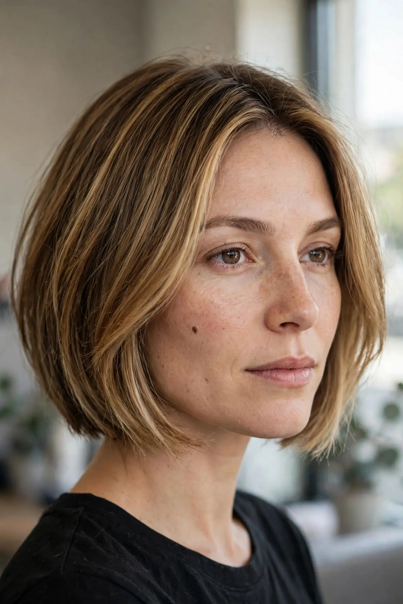 Woman wearing a short chin-length bob with honey brown balayage concentrated around the face and ends