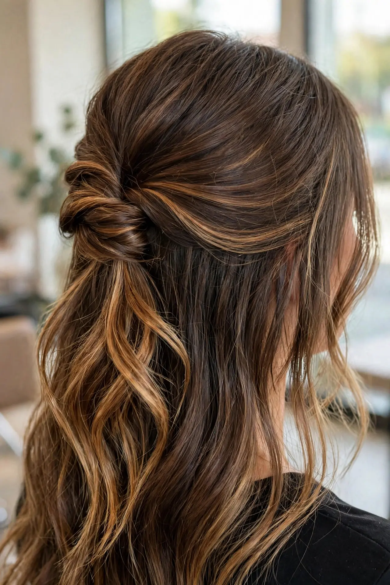 Long brown hair in a half-up twist revealing honey brown peekaboo balayage in the underneath layers