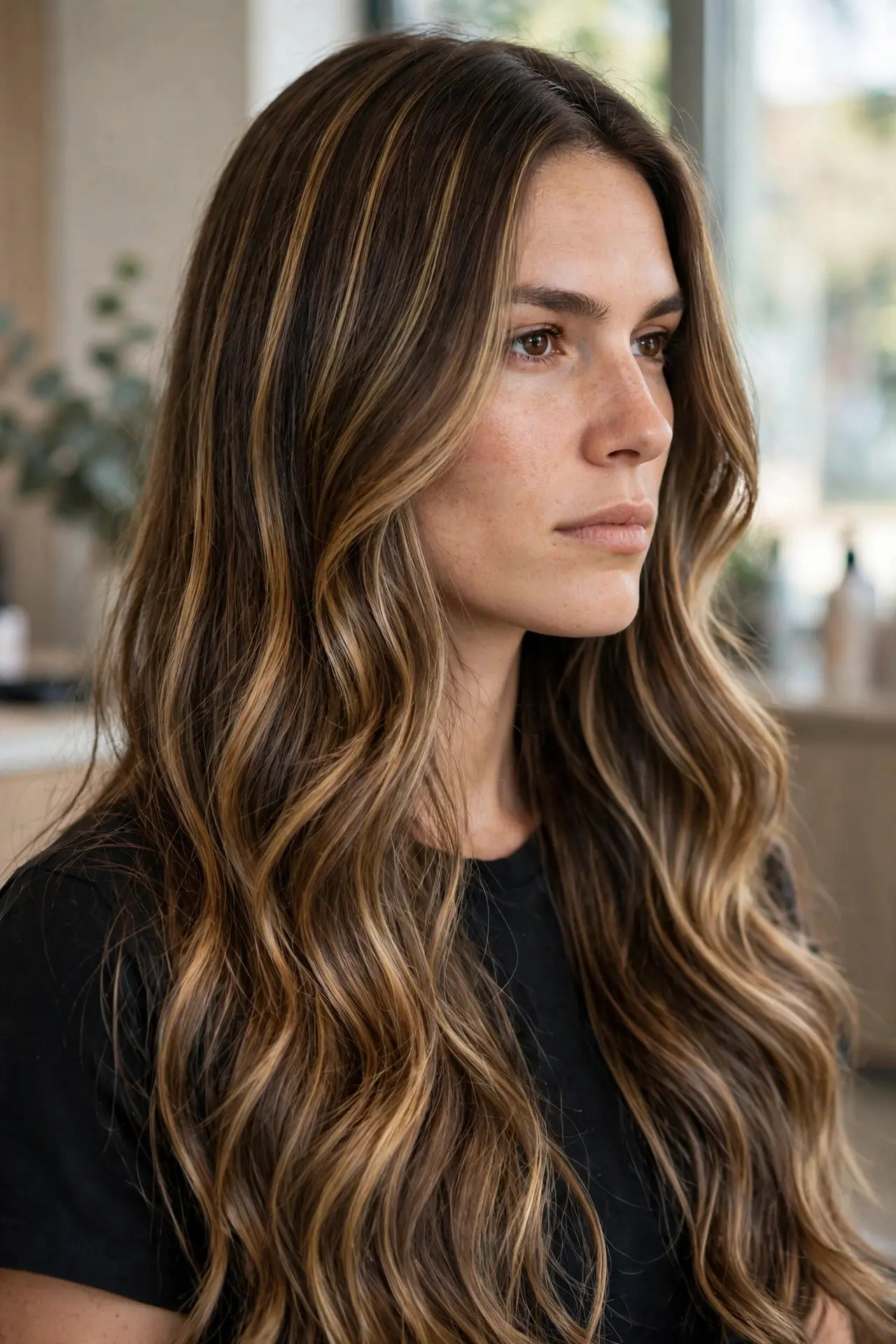Woman with a square face and defined jaw wearing very long wavy hair with vertical honey brown balayage ribbons