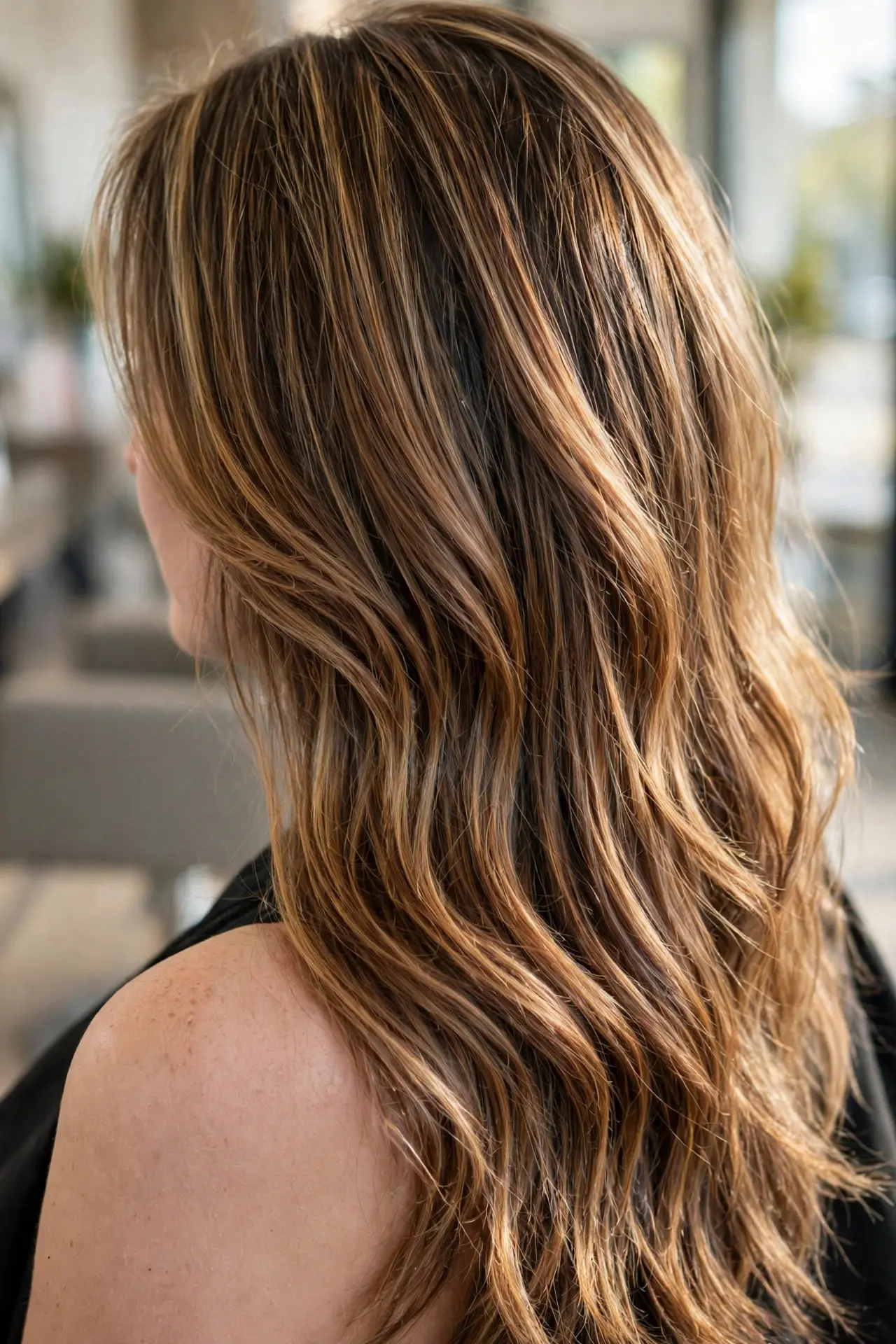 Back view of long brown hair with a multi-tonal blend of caramel and honey brown balayage