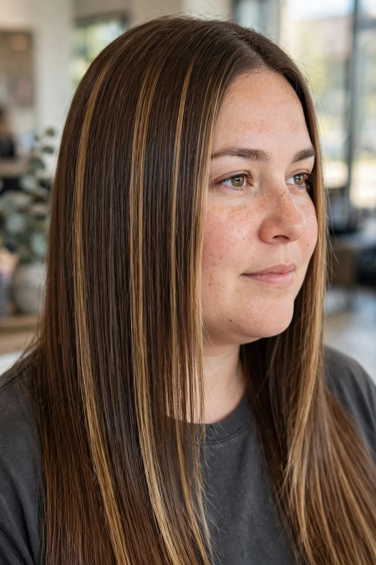 Woman with a fuller round face wearing long sleek straight hair with narrow vertical honey brown panels along both sides of her face