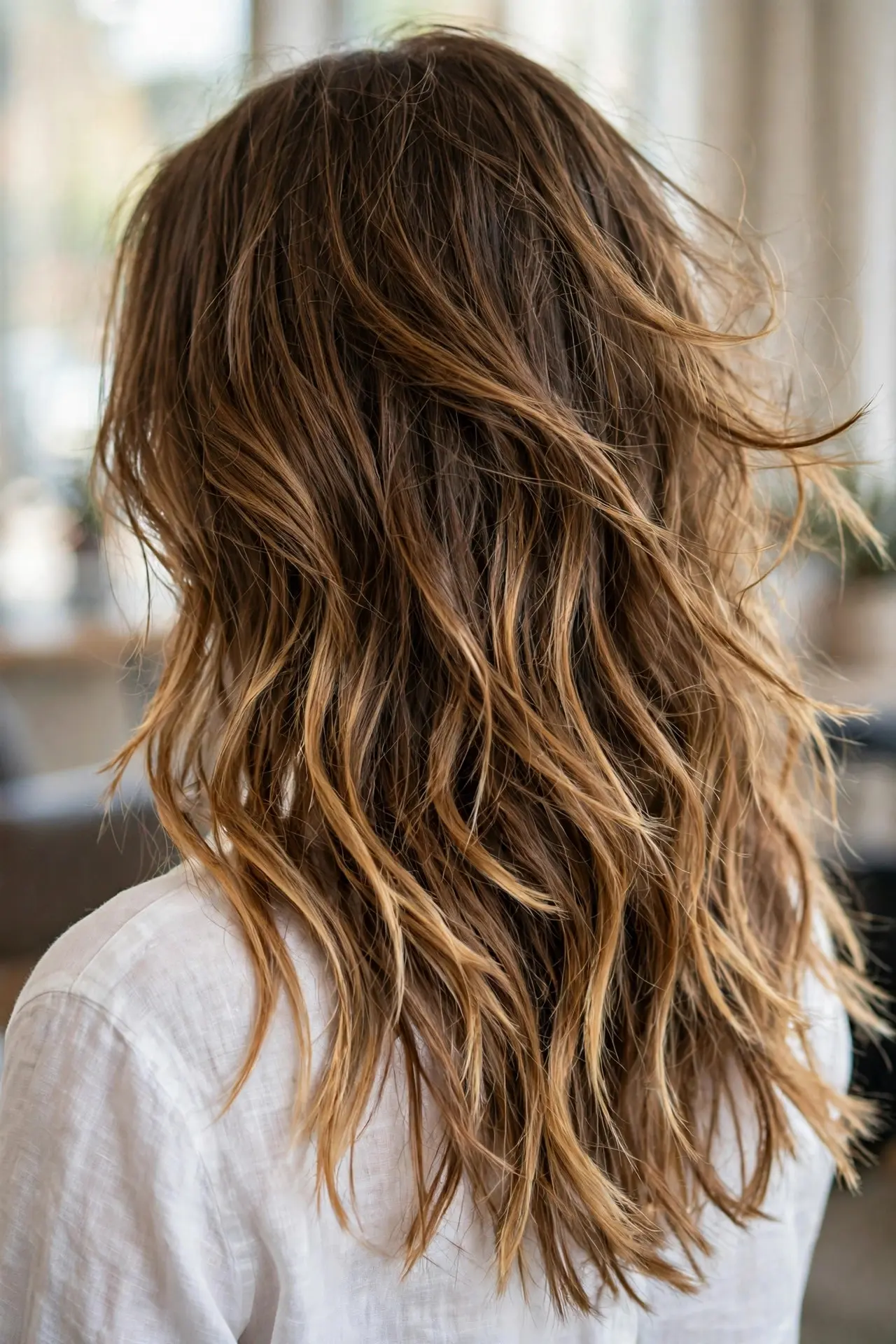 Back view of long brown hair with honey brown balayage and textured piecey ends full of movement